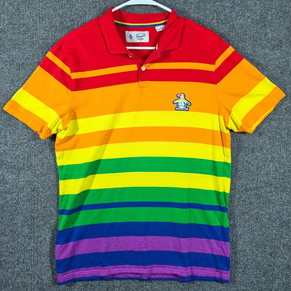 Original Penguin Shirt Mens Medium Polo Rainbow Stripe Pride Pete